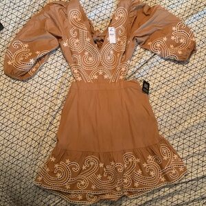 Embroidered Eyelet V-Neck Tie Back Poplin Mini Dress